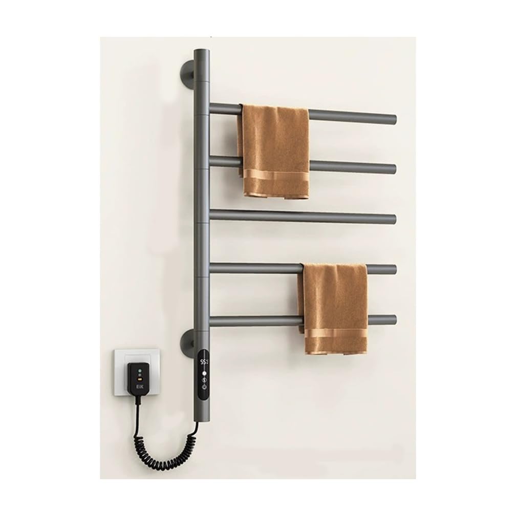 Handtuchheizkörper Elektrisch Mit Thermostat, Schwenkbarer beheizbarer Handtuchhalter Heizkörper Bad Edelstahl Wandmontage Mit Timer,LED-Anzeige,Thermostat,180°Drehung,Grau,5 Bars