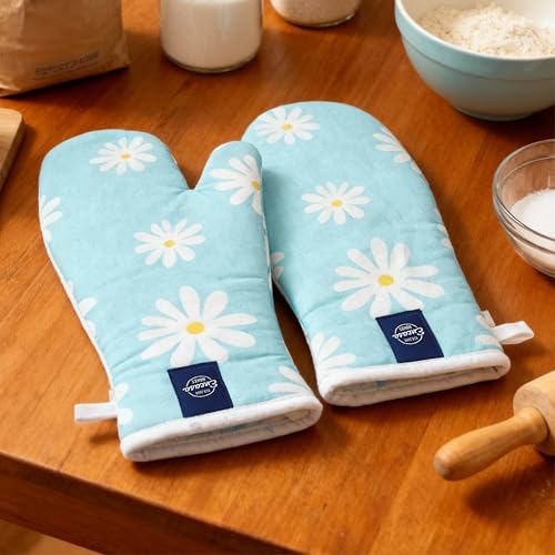 Image of Encasa XO Extra Long 18x35 cm Microwave Oven Gloves Mitts (2 pcs) for Kitchen Cooking - Daisy Blue - Heat Resistant, Thick & Safe, Protection of Hands from Hot Utensils, Gas Flame, Grill, Barbecue