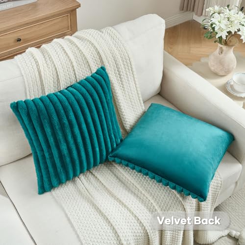 FUTEI Teal Green Striped Decorative Throw Pillow Covers 18x18 Inch Set of 2,Square Fall Decorations Couch Pillow Case,Soft Cozy Faux Rabbit Fur & Velvet Back,Modern Home Decor for Bed