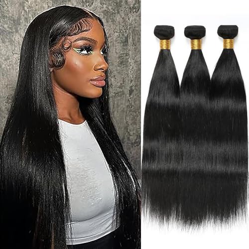 22 24 26 Inch #1B Natural Black Human Hair Bundles Straight Bundles Human Hair Unprocessed Virgin Weave 3 Bundles Raw Human Hair Extensions 300G Total for Woman