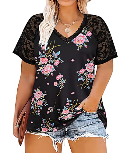 Image of CARCOS Plus Size Tops for Women Short Sleeve Raglan Striped Tee Color Block Crewneck /V Neck Tunic Loose Fit Summer XL-5XL
