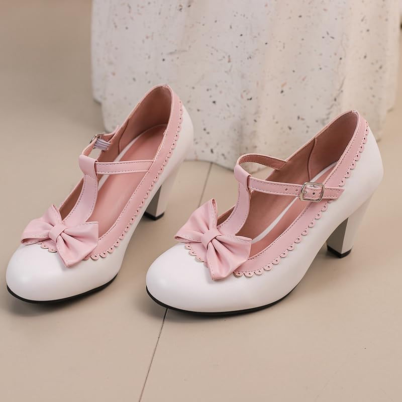 Image of Elbslutt Women's Cute Retro Rockabilly Shoes T Strap Mary Janes Heels Chunky Cosplay Shoes Sweet Block Heeled Bow Pumps