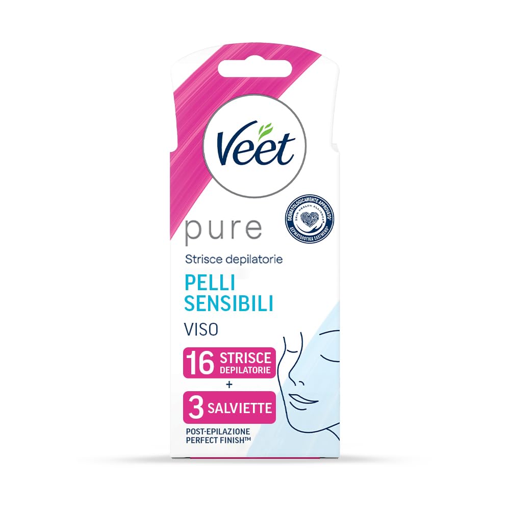 Veet Pure Strisce Depilatorie Viso Ipoallergeniche, Ceretta Baffetti e Viso, Dermatologicamente Testate, 16 Strisce (8x2 Strisce)