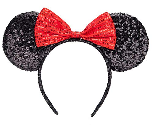 Cosplay Costume Minnie Ears Headband,Sequin Mouse Ears Headband One Size Fit All (Black-Red Bow)