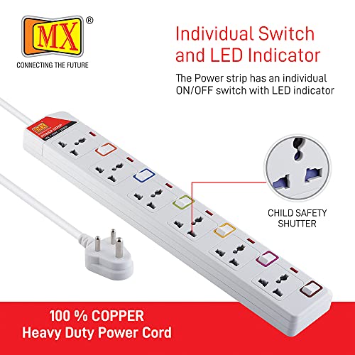 Image of MX 6 Socket Power Strip with Individual Switches, LED Indicator & Child Safety Shutters | Universal Sockets with 1.5 Meter Heavy Duty Cord | Surge Protector Power Extension Board