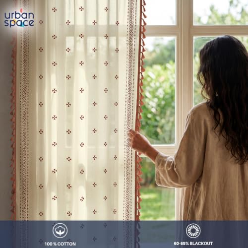 Image of Urban Space Boho Decorative Curtain for Window, 100% Cotton Curtain 5 Feet Long, 1 piece Curtain with Tassels, 60-65% Room Darkening with Tieback and Eyelets (Aaqar Rust, 5 Feet)