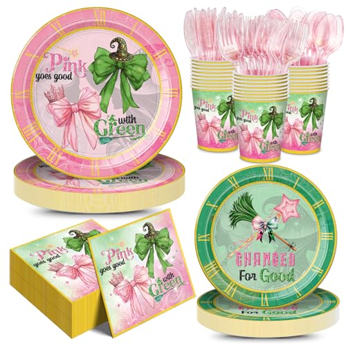 168Pcs Witch Party Supplies Pink Green Paper Plates Napkins Disposable Tableware for Birthday Party Decorations Serve 24 Guests