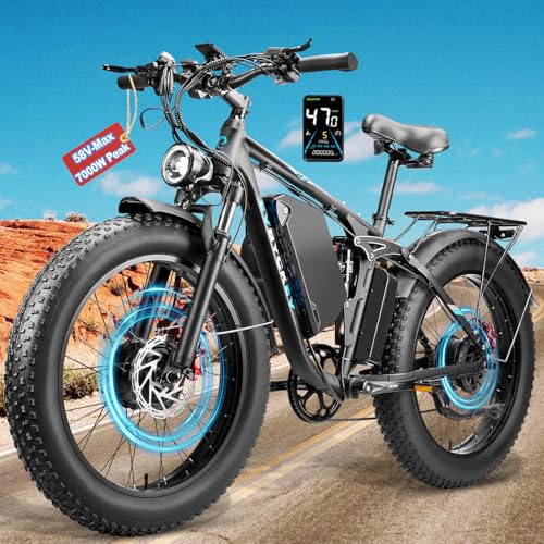 EVBYCKEV 7000W Peak EBike for Adults, 34Ah 58V Max-Output 1856Wh Dual Motor Electric Bike, 47MPH Fast Ebike,Up to 105Miles 24" x4.0 Fat Tire E Bike,Full-Suspension Mountain E-Bike for Sand Snow Beach