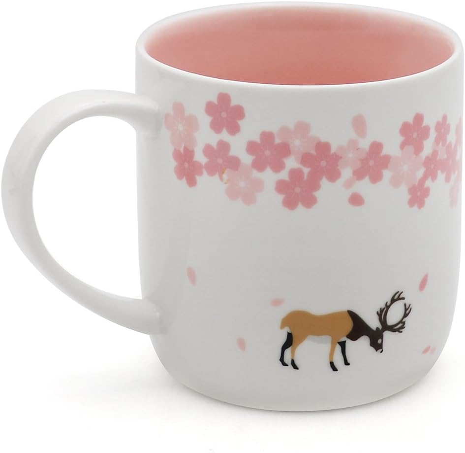 Cute Ceramic Elk Mug Pink Cherry Blossom Mug, Gift for Women,Girls and Animal Lovers,11 oz