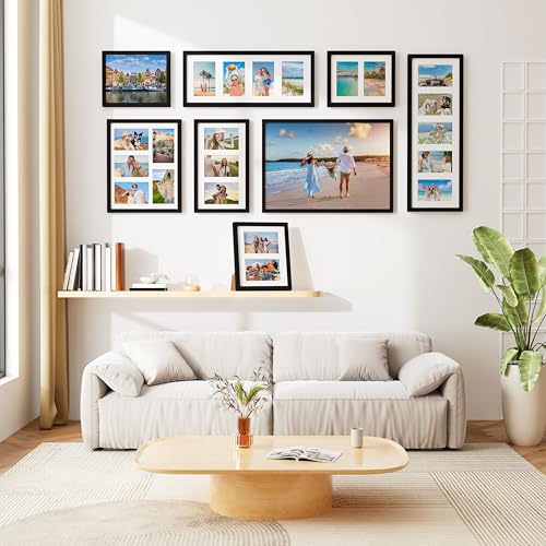 decorUhome 8x20 Picture Frames Collage Wall Decor, Display 4Pcs 4x6 Photos with Mat or 1Pcs 8x20 Unmatted, 4 4x6 Collage Picture Frames for Wall Mounting, Black