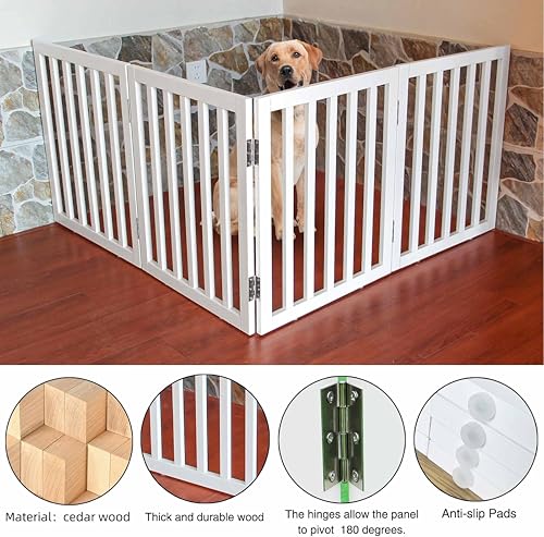 Image of Belief Foldable Wooden Pet Gate for Dogs & Cats - Indoor Safety Barrier for Doorways, Hallways & Stairs | Free-Standing, Portable White Dog Fence - 3 Panel, 60 cm Height (【4 Panels 】 78''W x 30''H)
