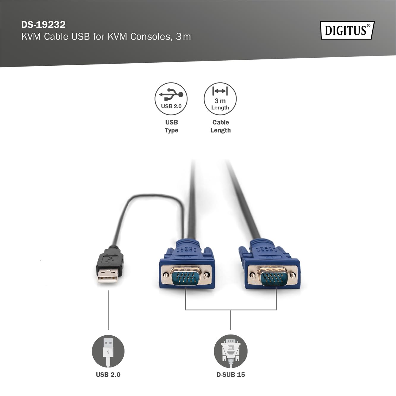 DIGITUS Kabel KVM - 2x złącze VGA, 1x złącze USB 2.0-3 m - Pasuje do: DS-720xx i DS-23100-1, DS-23200-1, DS-23300-1 - Czarny