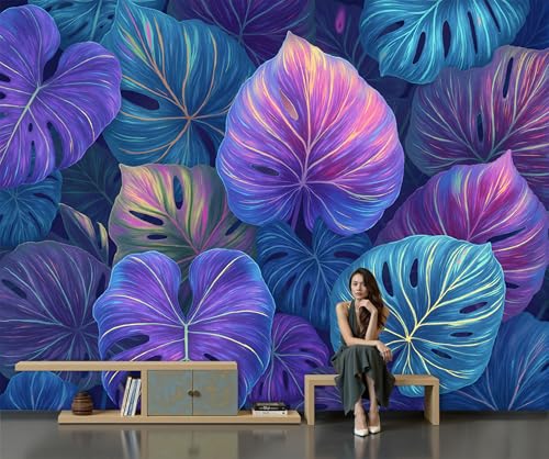 Mural Hojas Monstera Psicodélicas 150 X 105 Cm Murales Decorativos Pared Estampados Plantas Tropicales Papel Pintado, Moderno Decoración De Paredes Para Salón Dormitorio Pasillo Comedor