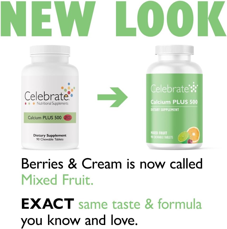 Celebrate Vitamins Calcium Plus - 500mg Calcium Citrate, 333 IU Vitamin D3 & 34mg Magnesium for Post Bariatric Surgery - Gluten-Free & Sugar-Free - Mixed Fruit, 90 Chewable Tablets