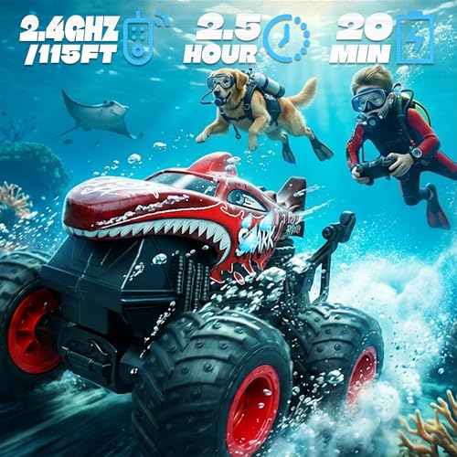 Image of BEZGAR Monster Truck Toys - Remote Control Monster Truck with Light & Music, Dinosaur Toys for Kids, 1:20 Scale RC Truck with 360 Spins and Drifting, Remote Control Car for Boys 4-7 Red