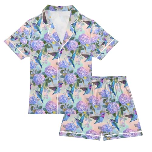 senya Colorful Embroidered Ball Bird Satin Summer Pajama Sets Silk Short Sleeve Button Down Sleepwear