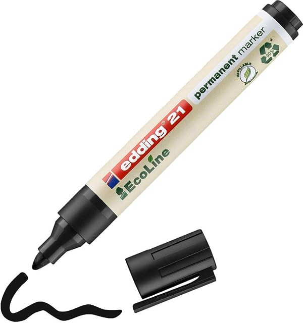 edding 21 EcoLine permanent marker - black - 1 pen - round nib 1.5-3 mm - waterproof, quick-drying, smear-proof pens - for cardboard, plastic, glass, wood, metal and fabric - refillable