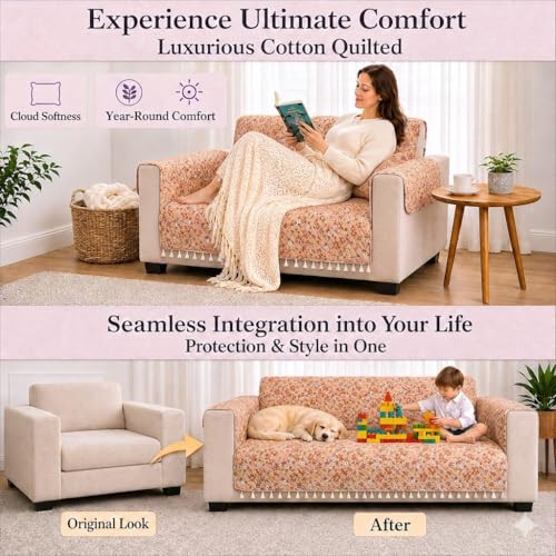 Image of STITCHNEST 'Frostvine Collection' 2 Seater Sofa Cover| Cotton Quilted Fabric, Decorative Tassels, Washable & Durable for Modern Living
