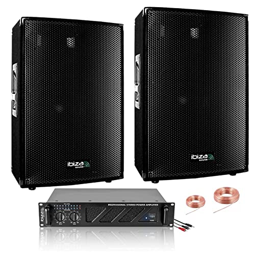 IBIZA Sound Light Pack Sono 2800W Total 2 Enceintes 3 Voies 2x600w - Ampli Ventilé 2x800w - Câblage - Idéal Salle des fêtes Club Mariage