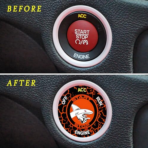 Image of TOOLEPIC Push Start Button Cover For Dodge Challenger Charger Durango Chrysler Journey Ram Accessories 2015-2024, Engine Start Stop Ignition Switch Kit -Angry Shark Design-Crazy Orange Custom Fit