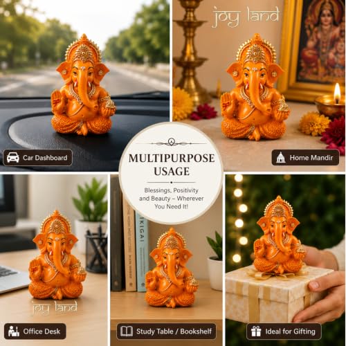 Image of JOY LAND Lord Ganesha Car Dashboard Idol | White & Gold Ganesh Murti for Car Dashboard, Home & Office Decor (Orange)