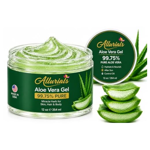 All Natural Aloe Vera Gel, Clinically tested & Dermatologist approved 100% pure Organic Gel, Hydrates & Heals Dry, Itchy & Damaged Skin & Hair| Acne, Sunburn & Dandruff Relief- 12 Oz - by Allurials