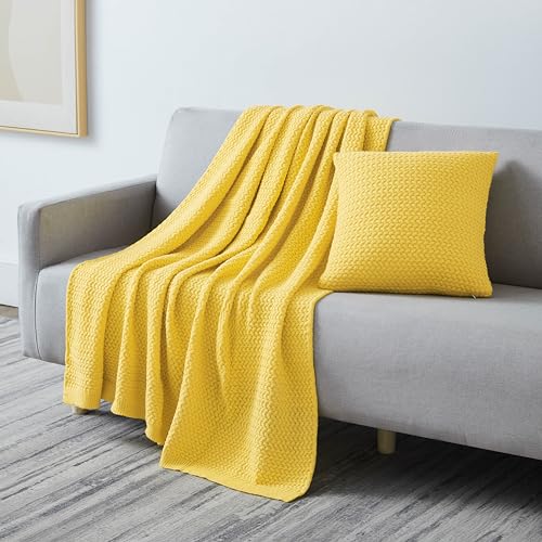 Southshore Fine Living, Inc. BL-2PC-ACRL-YEL Yellow Throw Blanket For Couch Or Bed With Matching Decorative Throw Pillow Cover, Acrylic Knit Throw Blanket And Throw Pillow Sham cover