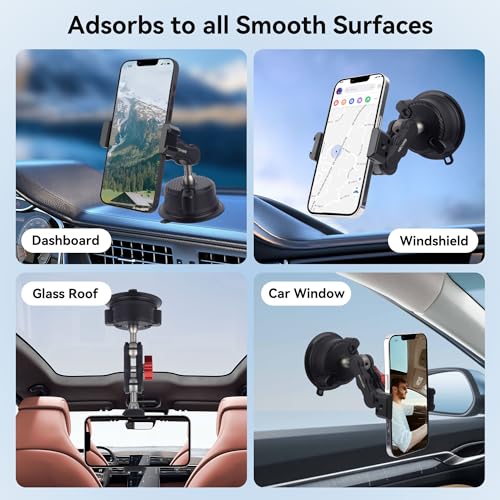 Universal Suction Cup Phone/Camera Mount with Ball Head Magic Arm, 360°Car Mount with Phone Holder & Action Cam Adapter - Additional View