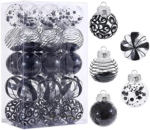 60MM/2.36" Christmas Ornaments Set, 30pcs Clear Christmas Ornaments Black Shatterproof Decorative Baubles for Xmas Tree Christmas Tree Decorations Ball for Halloween Holiday Party Indoor Outdoor Decor