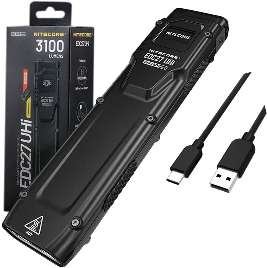 Nitecore EDC27 UHi Ultra Slim EDC Flashlight -3100 Lumens w/Eco-Sensa USB-C Charging Cable Included