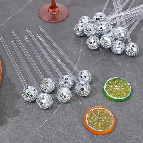 72 Pcs Disco Balls Cocktail Stirrers, Plastic Round Top Swizzle Sticks Mirror Disco Ball Stir Sticks Decorative Straws Drink Stirrers for 70s 80s Theme Party, Home Bar, Coffee Shop, Wedding (Silver) by Xaajooio - Used condition - Image 6