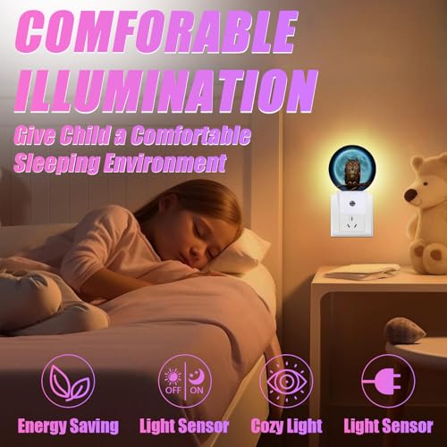 Image of Owl Moon Night Light LED Lamp Round Plug into Wall Nightlight with Dusk to Dawn Sensor Home Hallway Stairway Kitchen Decor