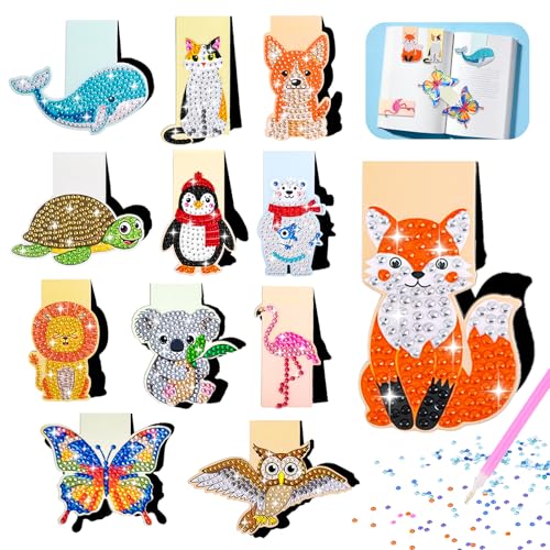 Koxtyzo 12 Piezas Diamond Painting Marcapaginas, 5D DIY Pintura Diamante Marcapáginas Magnéticos, Kit de Diamond Painting Manualidades para Niños y Adultos, Regalo Niña 6 7 8 9 10 11 12 Años