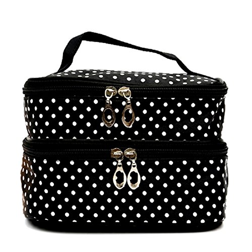 Molie Lady maquillaje Caso Patrón de lunares doble capa maquillaje bolso de mano Herramienta de almacenamiento Toiletry BlackandWhite talla única