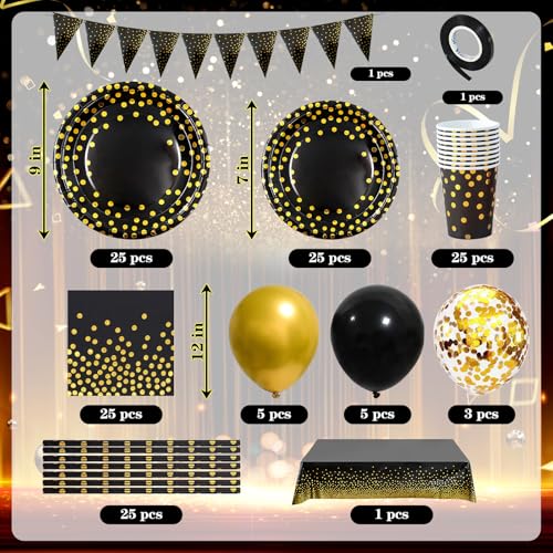 Vaisselle assiettes de fête noir et or durables avec grands gobelets - 2