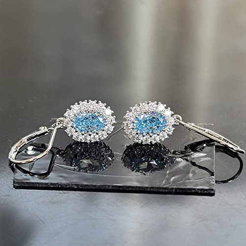 Doveggs Center 2Ct 5X7Mm Blue Color Oval Crushed Ice Cut Cz Gemstone Simulated Diamond Halo Moissanite Leverback Drop Hoop Earring K Gold Quality Silver Earrings For Women #TOP1