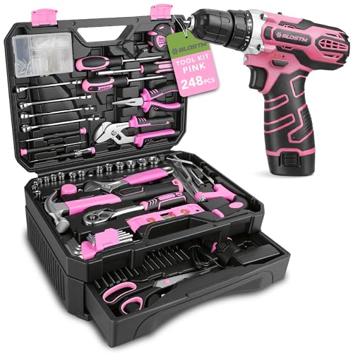 BLOSTM 248 Piece Pink Tool Kit with Drill - 12V Cordless Pink Drill Set for Women with Hand Tools for DIY Home Repairs - Portable Large Toolbox with Storage Drawer Screwdrivers Bits Pliers & More
