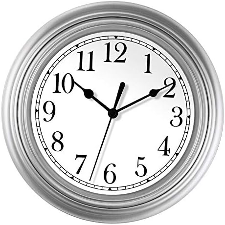 Foxtop Silver Wall Clock Non-Ticking 9 inch Wall Clock Silent Battery Operated Round Quartz Small Clock for Kitchen Bedroom Bathroom Home Office