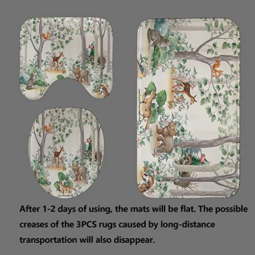 Olebety 4Pcs Cartoon Animal Shower Curtain Set, Woodland Green Leaf Deer Squirrel Fox Wolf Bear Hunting Cabin Lodge Rustic Farmhouse Kids Bathroom Decor, Non-Slip Bath Mat Toilet Rug, Forest Animals #TOP3