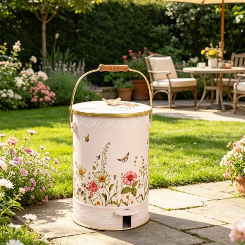 Image of Pink Floral Metal Step Trash Can with Lid, 8L Vintage Butterfly & Wildflower Decorative Waste Basket with Handles for Bathroom, Bedroom, Kitchen, 14.57 inch x 9.84 inch