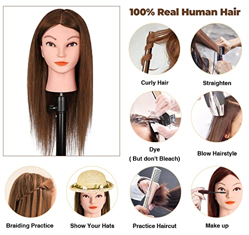 Mannequin Head with 100% Real Human Hair, Beauty Star Manikin Doll Head for Hair Styling, Cosmetology Hairdressing Training Practice Head with Clamp Stand and Braiding Accessories Kit (18" Dark Brown)