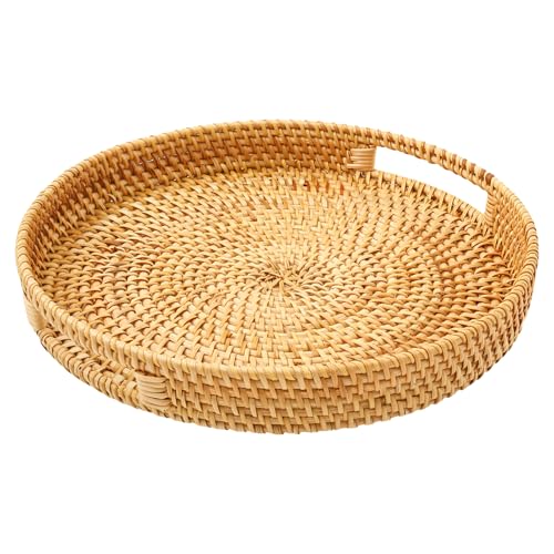 Rattan Round Serving Tray, Hand Woven Serving Basket with Handles, Natural Woven Flat Basket, Decorative Wicker Baskets Serving Tray for Coffee Table Food Party Home Decor, 11.8 inch