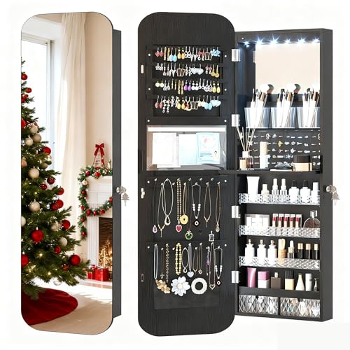 Vlsrka 47.2' LED Mirror Jewelry Cabinet, Wall/Door Mounted Full Length Mirror with Storage, Lockable...