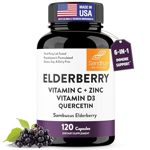 Elderberry Vitamin C and Zinc Capsules with D3 and Quercetin | 6-in-1 Immune Support Supplement Pills for Adults | 120 Count Sambucus Black Elderberry Natural Immunity Vitamins | Made in USA