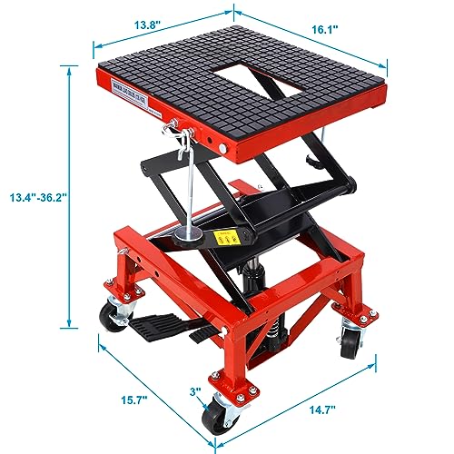 Image of PULLAFUN 300 lbs Hydraulic Motorcycle Scissor Jack Lift, Small Dirt Bikes ATV Lift Hoist Hydraulic Foot-Operated Stand Lift, 4 Wheels, Red