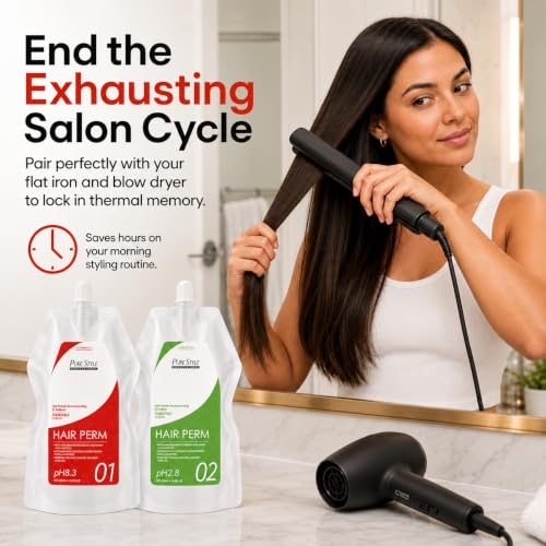 PureStyle Professional Hair Perm Straightening Cream Kit (Softener + Fixer) |Japanese Formula | 6-Month Long Lasting Keratin Hair Straightening Treatment | Frizz Control & Repair Damaged Hair