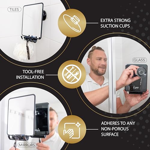 Image of Luxo Shower Mirror, Shower Mirror fogless for Shaving with a Removable Razor Holder - Shaving Mirror for Shower with a Powerful Suction Cup - Shatterproof fogless Mirror for Shower (Black)