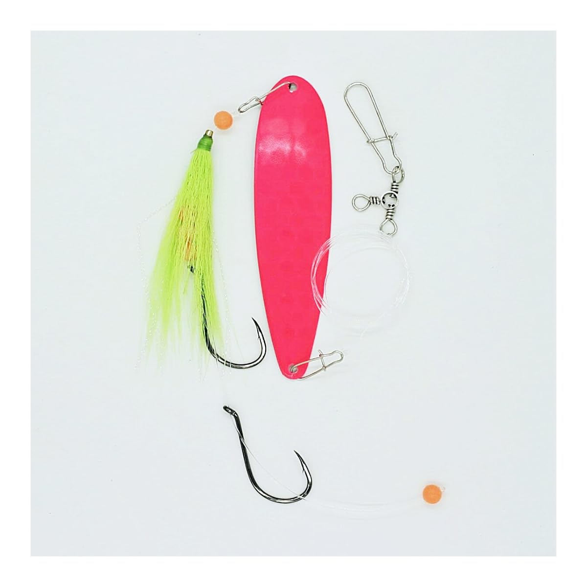 Generic SeaSnare Fluke Pro - Original 3-Way Swivel Sliding Bottom Hook Spoon Rig Nantucket Series (Pink Glow Spoon, 5/0 Hook, Chartreuse Teaser)