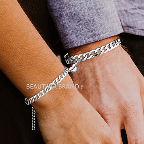 Image of Magnetic Couple Bracelets, 2 Pcs Adjustable Cuban link Chain Magnetic Heart Hand In Hand Bracelets Stainless Steel Matching Promise Best friend, Couples Bracelets for Friendship Love Boyfriend Girlfriend Women Men Gifts