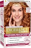 L’Oréal Paris Colorazione Triplo Trattamento Excellence, Con Acido Ialuronico, 100% Copertura Capelli Bianchi, Per Capelli Più Idratati, Biondo Ramato Dorato (7,43)